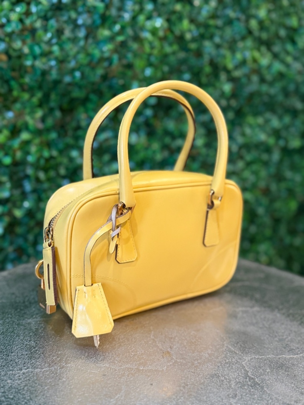 Vintage Prada mini bauletto in butter-yellow leather-structured